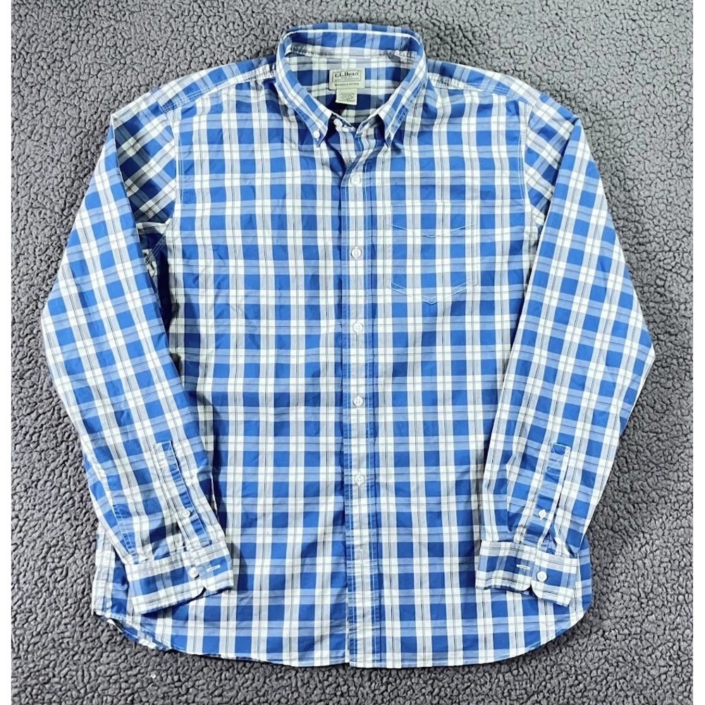 LL Bean Mens Blue White Plaid CoolMax Slightly Fitted Button Down Shirt L-Reg